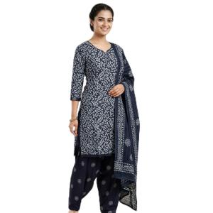 Women's Navy Blue Floral Block Print Kurta with Salwar and Dupatta, Cotton,
