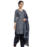 Women's Navy Blue Floral Block Print Kurta with Salwar and Dupatta, Cotton,