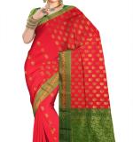 Women Red & Green Woven Design Zari Silk Cotton Banarasi Saree