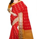 Women Red & Marun  Woven Design Zari Silk Cotton Banarasi Saree
