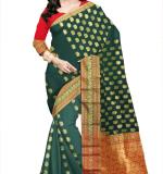 Woven Kanjivaram Cotton Silk Saree  (Green gold )
