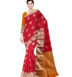 Woven Kanjivaram Cotton Silk Saree  (Red & Myrun)