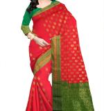 Women Red & Green Woven Design Zari Silk Cotton Banarasi Saree