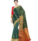 Woven Kanjivaram Cotton Silk Saree  (Green gold )