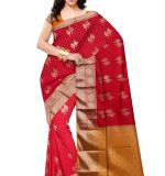 Woven Kanjivaram Cotton Silk Saree  (Red & Myrun)