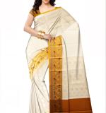 White Color Linen Blend Kasavu Saree