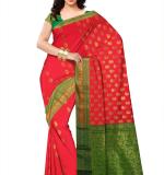 Women Red & Green Woven Design Zari Silk Cotton Banarasi Saree