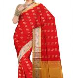 Women Red & Marun  Woven Design Zari Silk Cotton Banarasi Saree
