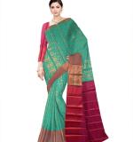 Woven  Soft  Cotton Saree New (Green Dark  & Pink )