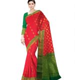 Women Red & Green Woven Design Zari Silk Cotton Banarasi Saree