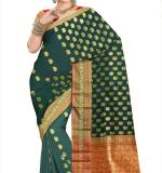 Woven Kanjivaram Cotton Silk Saree  (Green gold )