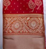 Woven Kanjivaram Cotton Silk Saree  (Red & Myrun)