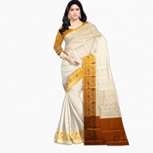 White Color Linen Blend Kasavu Saree