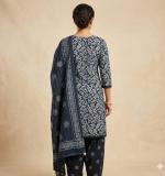 Women's Navy Blue Floral Block Print Kurta with Salwar and Dupatta, Cotton,