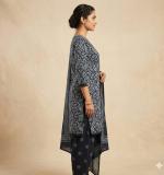Women's Navy Blue Floral Block Print Kurta with Salwar and Dupatta, Cotton,