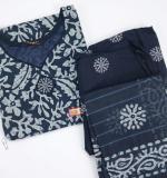 Women's Navy Blue Floral Block Print Kurta with Salwar and Dupatta, Cotton,