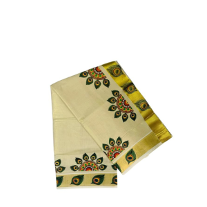 Kuthampully Kerala Saree |Traditional South Indian Sarees | Onam Tissue Cotton Kasavu Saree |Authentic South Cultural Sarees With Running Blouse | Mural Hand Printed Kasavu Saree | Ekm-798