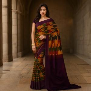 BLACK PRINTED BHAGALPURI  SAREE WITH BLOUSE
