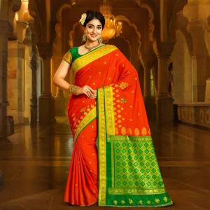 Glamourous Satin Silk Fabric Orange Color Embroidered Saree For Women