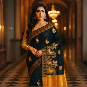 BLACK PRINTED BHAGALPURI  SAREE WITH BLOUSE