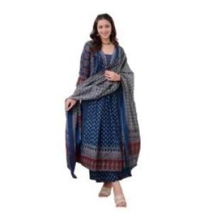 KLOSIA Women's Rayon Printed Anarkali Kurta and Pant with Dupatta Set