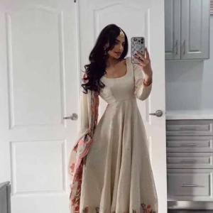 Chinon silk thread with Sequnce Off White Readymade Dress