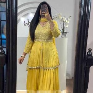 Yellow Chinon Sequence Work Lehenga