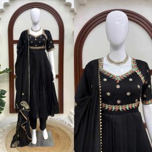 Women's Vichitra Silk Gown Set with Pant & Dupatta