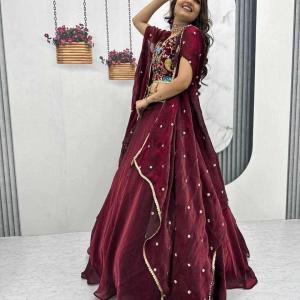 Marron Heavy Embroidery Thread & Sequence Work Lehenga