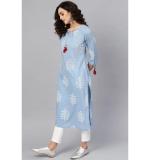 Women's Casual 3/4 th Sleeve Embroidery Cambric Cotton Kurti (Blue)