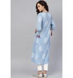 Women's Casual 3/4 th Sleeve Embroidery Cambric Cotton Kurti (Blue)
