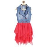 Girl's Denim Roll Up Buttoned Dress (Blue-Red)