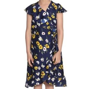 Girl's Polyester Crepe Polka Cold Shoulder Dress (Navy Blue)