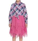Girl's Polyster Crepe Lace Inserts Long Sleeves Dress (Pink-Blue)
