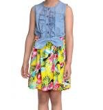 Girl's Denim Floral Sleeveless Dress (Blue-Yellow)