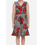 Girl's Polyester Crepe Floral Shoulder Straps Dress (Red)