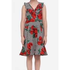 Girl's Polyester Crepe Floral Shoulder Straps Dress (Red)