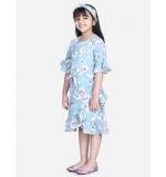 Girl's Polyester Crepe Floral Bell Sleeve Dress (Turquoise Blue)