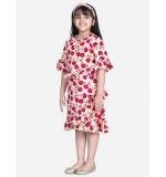 Girl's Polyester Crepe Floral Bell Sleeve Dress (Red-Pink)