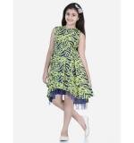 Girl's Polyester Crepe & Net Printed Sleeveless Dress (Yellow-Blue)