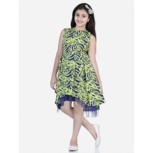 Girl's Polyester Crepe & Net Printed Sleeveless Dress (Yellow-Blue)