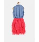 Girl's Denim Roll Up Buttoned Dress (Blue-Red)