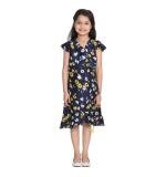 Girl's Polyester Crepe Polka Cold Shoulder Dress (Navy Blue)