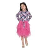 Girl's Polyster Crepe Lace Inserts Long Sleeves Dress (Pink-Blue)