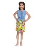Girl's Denim Floral Sleeveless Dress (Blue-Yellow)