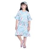 Girl's Polyester Crepe Floral Bell Sleeve Dress (Turquoise Blue)