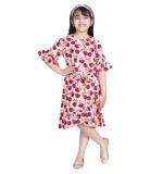 Girl's Polyester Crepe Floral Bell Sleeve Dress (Red-Pink)