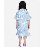 Girl's Polyester Crepe Floral Bell Sleeve Dress (Turquoise Blue)