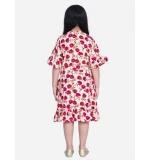 Girl's Polyester Crepe Floral Bell Sleeve Dress (Red-Pink)