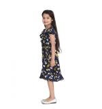Girl's Polyester Crepe Polka Cold Shoulder Dress (Navy Blue)